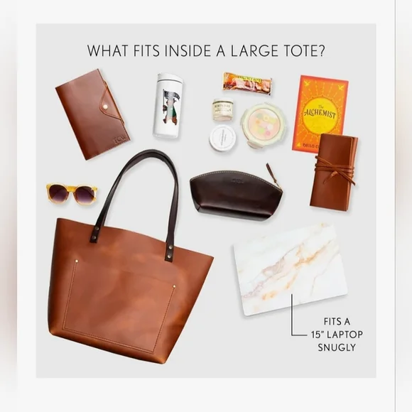 Portland Leather Goods Black Leather Tote Bag + Makeup Bag - Picture 6 of 16